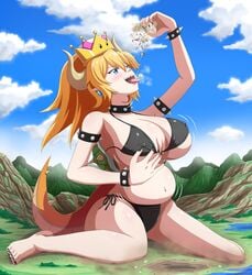 barefoot big_ass bikini blonde_hair blue_eyes bowsette bracelet cleavage clouds collar dragon_tail earrings female giantess male mario_(series) monster_girl mountain new_super_mario_bros._u_deluxe open_mouth ponytail post_vore sharp_nails sharp_teeth size_difference spikes spiky_shell stomach_bulge super_crown swimsuit thedaibijin thick_thighs tongue_out unknown_character vore wide_hips