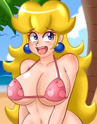 1girls aladeen alternate_breast_size areola areolae beach big_breasts bikini bikini_top blonde_hair blue_eyes blush bottomless breasts earrings eyebrows_visible_through_hair female female_only large_breasts long_hair mario_(series) milf navel nintendo no_panties open_mouth outdoors palm_tree pink_bikini princess_peach sky smile solo standing swimsuit teeth tongue tree