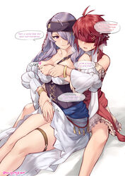 2girls alternate_costume artist_name assisted_exposure bare_legs blindfold bracelet breast_grab breasts breath camilla_(fire_emblem) camilla_(pirate)_(fire_emblem) cleavage clothes_lift commentary dress dress_lift english_commentary english_text female_only fire_emblem fire_emblem_fates fire_emblem_heroes gebyy-terar grabbing groping guided_breast_grab guided_fingering guiding hair_over_one_eye headband heart highres hinoka_(fire_emblem) hinoka_(pirate)_(fire_emblem) jewelry large_breasts multiple_girls nintendo official_alternate_costume pirate purple_eyes purple_hair red_hair scarf short_hair simple_background sitting sound_effects speech_bubble text thigh_strap thighs twitter_username unaware undressing white_scarf yuri