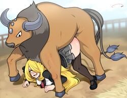 1boy 1girls 1pokemon absurd_res aldharoku all_fours alpha_male ambiguous_penetration ass_up blonde_hair bovid bovine breasts brown_fur bull clothed_female_nude_male cynthia_(pokemon) doggy_style female female_human female_penetrated femsub feral feral_on_female feral_penetrating from_behind from_behind_position hair_ornament high_resolution horns human interspecies larger_male long_hair male male_pokemon male_pokemon/female_human maledom mary_janes mature_female mostly_clothed nintendo pokemon pokemon_(species) pokemon_champion pokemon_dppt pokemon_rgby pokephilia school_uniform size_difference skirt smaller_female tail tauros thick_thighs thighhighs thighs zoophilia