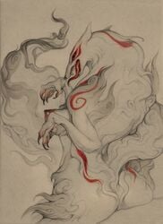 amaterasu anthro anthrofied bushy_tail claws fur_markings furry large_breasts looking_at_viewer looking_back okami sharp_teeth tongue_out traditional_media_(artwork) venusflowerart white_fur