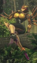 1girls 3d athletic_female beast_wars big_breasts black_lips black_lipstick blackarachnia breasts built-in_high_heels crossed_legs female female_only high_heels red_eyes robot robot_girl solo solo_female thick_thighs transformers trawert yellow_breasts