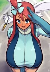 1girls :3 alternate_breast_size big_breasts bird blush breasts clothed clothing coffeelove68 enormous_breasts female female_only fully_clothed gesture gloves high-angle_view huge_breasts human long_breasts looking_at_viewer pokemon pokemon_bw pov red_hair salute skyla_(pokemon) solo standing swan swanna tight_clothing white_feathers