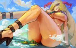 1girls ass big_ass big_breasts bikini breasts dynamax female female_only giantess green_eyes high_heels huge_breasts human kazo large_breasts lusamine_(pokemon) macro mature_female milf nintendo pokemon pokemon_sm solo solo_female thick_thighs thighs underboob