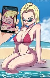 1boy1girl 1girls absurd_res android_18 areolae artist_name beach bikini blonde_hair blush dragon_ball dragon_ball_z earrings fellatio female female_focus grin highres jewelry large_ass large_breasts light-skinned_female light-skinned_male lipstick looking_at_viewer looking_over_eyewear looking_over_glasses looking_over_sunglasses navel nightmare_hdraw nipple_bulge nipples nipples_visible_through_clothing one_eye_covered phone phone_screen photo_comparison pool poolside recording red_swimsuit sea sitting smartphone smile smirk son_goten sunglasses sweat sweatdrop swimwear tagme thighs tinted_eyewear