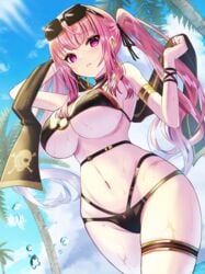 1girls ambercrown background beach big_ass big_breasts bikini black_bikini bracelet cleavage earrings eyewear_on_head female hair_ribbon hololive hololive_english hololive_myth looking_at_viewer looking_down mori_calliope multicolored_hair nail_polish navel pink_hair purple_eyes red_nail_polish red_nails sideboob skimpy_bikini skull solo_focus sunglasses sunglasses_on_head tagme thick_thighs towel twintails underboob virtual_youtuber voluptuous vtuber water wet white_hair wide_hips