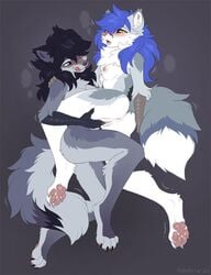 2021 anthro ass black_hair blue_hair breasts female female_only fluffy_tail fur furry gabriel_serealia grey_fur highres hioshiru hioshiru_(character) long_hair paws penetration pussy pussy_juice thick_thighs white_fur wolf