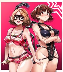 2girls atlus bulge clothed erect erect_nipples female female_only fukuokalx haru_okumura makoto_niijima mask multiple_girls nipple_bulge nipples nipples_visible_through_clothing non-nude persona persona_5 revealing_clothes tagme