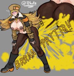 72hoka blonde_hair blush dark_nipples fart fart_cloud fart_fetish guilty_gear guilty_gear_strive loud_fart millia_rage pantyhose