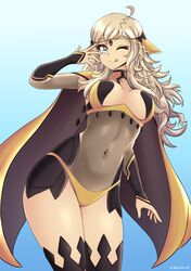 1girls ;p absurdres ahoge arm_up bangs blonde_hair bodystocking breasts bridal_gauntlets cape covered_navel female fire_emblem fire_emblem_fates grey_eyes highres jarckius long_hair looking_at_viewer medium_breasts nintendo one_eye_closed ophelia_(fire_emblem) panties thighhighs thighs tongue tongue_out twitter_username underwear upper_body yellow_panties