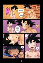 3boys abs age_difference ash_ketchum black_hair caught comic dialogue dialogue_bubble dragon_ball_(series) ecchimask english_text father_and_son gay incest male_only muscular muscular_male nearphotison page_9 page_number penis porkyman son_gohan son_gohan_(young) son_goku tagme yaoi