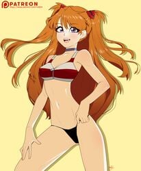 asuka_langley_sohryu bikini_bottom bikini_top blush choker hair_ornament long_hair neon_genesis_evangelion red_hair rodjim small_breasts swimsuit twintails