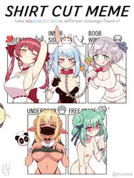 6+girls animal_ears apron areola_slip areolae arm_up armpits backless_outfit bandaid bandaids_on_nipples bangs bare_shoulders black_gloves black_legwear black_shirt blonde_hair blue_ribbon breasts carrot_hair_ornament chains choker cleavage cleavage_cutout closed_mouth clothes_lift clothing_cutout collar collarbone cowboy_shot dark-skinned_female dark_skin double_bun earrings english_text eyebrows_visible_through_hair flat_chest green_eyes green_hair hair_ornament hair_ribbon half-closed_eyes holding holding_collar holding_knife holoforce hololive hololive_fantasy hololive_japan horns houshou_marine imminent_death jewelry kintsuba_(shiranui_flare) knife licking_lips light_blue_hair long_hair looking_at_viewer mask medium_breasts mouth_mask multicolored_hair multiple_girls naked_apron navel no_bra nousagi_(usada_pekora) nude panels pantyhose pink_eyes rabbit_ears red_choker red_collar red_eyes red_hair red_ribbon ribbon sheep_horns shiranui_flare shirogane_noel shirt shirt_cut_meme short_hair short_sleeves sideboob silver_hair simple_background sleeveless smile straight_hair streaked_hair take_your_pick thick_eyebrows tongue tongue_out tsunomaki_watame twin_braids twintails underboob unexistarts uruha_rushia usada_pekora virtual_youtuber white_apron white_background white_hair white_sweater