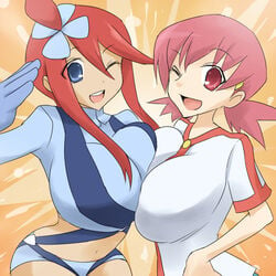 2girls alternate_breast_size big_breasts female_only gym_leader huge_breasts looking_at_viewer nintendo oro_(zetsubou_girl) pink_hair pokemon pokemon_bw pokemon_gsc red_hair skyla_(pokemon) whitney_(pokemon) wink