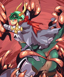 1boy anus armor bangs blush board_game cape chess clenched_teeth commentary_request dragon_boy emon-yu feet_out_of_frame green_hair grey_cape hair_between_eyes horns leg_armor looking_at_viewer looking_back male_focus pauldrons ragnarok_online red_eyes restrained rune_knight_(ragnarok_online) short_hair shoulder_armor solo spiked_pauldrons teeth tentacle tentacles_on_male visor_(armor)