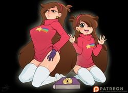 1girls arm_gloves book brown_hair disney disney_channel earrings female female_only gravity_falls hair_ornament long_hair mabel_pines oversized_clothes rodjim smooth_skin solo thighhighs turtleneck_sweater