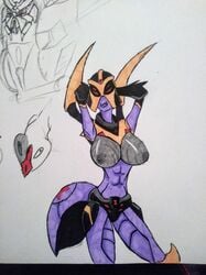 1girls 4_eyes alien alien_girl big_breasts black_panties blackarachnia breasts female female_only grey_breasts grey_nipples machine nipples panties pinup_pose red_eyes robot robot_girl solo solo_female transformers transformers_animated