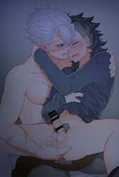 2boys anal_fingering bar_censor black_hair blush bodily_fluids bottomless brothers closed_eyes demon_slayer erection finger_fuck fingering fingering_partner gay genya_shinazugawa incest kimetsu_no_yaiba male male_only mohawk no_eyebrows open_mouth penis pubic_hair sanemi_shinazugawa scars siblings sitting_on_lap sitting_on_person spread_legs wet_anus white_hair yaoi