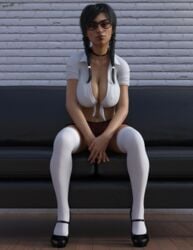 3d 3d_(artwork) belly_button_piercing black_hair black_shoes breasts casting_couch celebrity choker cleavage couch daz3d daz_3d daz_studio female female_only fully_clothed glasses kneehigh_socks mia_khalifa piercings pin3d posing school_uniform schoolgirl_uniform shirt shoes sitting sitting_on_couch socks solo solo_female solo_focus twin_braids twintails white_shirt white_socks