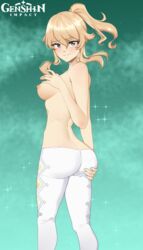 blonde_hair breasts bubble_butt genshin_impact holding_ass jean_gunnhildr leggings ponytail rodjim turning_around white_skin