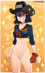 1girls bottomless bottomless_female cowboy_hat gloves hat kill_la_kill matoi_ryuuko midriff rodjim sailor_collar short_hair studio_trigger vagina