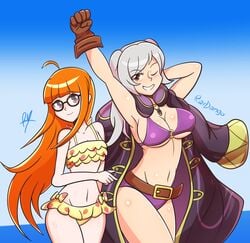 2girls ;d alternate_costume atlus beach bikini cleavage crossover female_only fire_emblem fire_emblem_awakening fire_emblem_heroes glasses large_breasts multiple_girls nintendo o-ring_bikini official_alternate_costume persona persona_5 purple_bikini purple_swimsuit raydango robin_(female)_(summer)_(fire_emblem) robin_(fire_emblem) robin_(fire_emblem)_(female) sakura_futaba swimsuit underboob