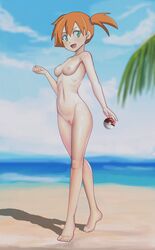 1girls abs aqua_eyes areolae armad armpits bare_shoulders barefoot beach belly blue_background blush breasts feet female female_only holding human human_only kasumi_(pokemon) looking_at_viewer misty_(pokemon) navel nintendo nipples nude ocean open_mouth orange_hair outdoors palm_tree poke_ball pokemon pokemon_rgby pussy ribs sand shadow shoes short_hair side_ponytail small_breasts smile standing toes tongue uncensored water