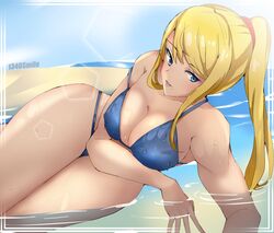 1340smile bikini blonde_hair blue_bikini blue_eyes breasts female female_focus female_only metroid nintendo ponytail samus_aran sand smile solo_female thick_thighs thighs voluptuous water zero_suit_samus