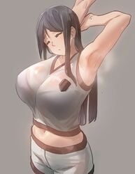 2020 armpit arms_behind_head arms_up belly big_breasts black_hair bra closed_eyes closed_eyes dark_hair grey_background huge_breasts midriff navel original see-through see-through_clothing simple_background soia180 sports sports_uniform sportswear steamy_armpits stretching wet_clothes