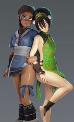 2girls 3d aged_up alternate_costume ankle_cuffs anklewear artist_name athletic avatar_the_last_airbender bangs bare_legs big_boots black_hair blind blue_clothing blue_eyes blue_nails boots braid casual chocolate_and_vanilla choker clothing crisisbeat dark-skinned_female dark_skin dress earth_kingdom female female_only fingernails friends front_view fully_clothed gauntlets gradient_background green_clothing grey_eyes hair_band hair_bun hair_loopies handwear head_tilt headwear hourglass_figure human interlocked_arms katara kimono legband light-skinned_female light_blue_nails light_skin looking_at_viewer nail_polish nickelodeon pale_skin panties pelvic_curtain petite qipao seductive shiny_skin short_hair side_by_side side_slit small_breasts smile standing standing_on_one_leg tabard thick_legs thick_thighs toph_bei_fong voluptuous water_tribe white_eyes white_panties wristwear