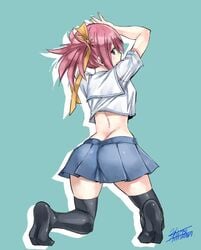 ass chelia_blendy fairy_tail hiro_mashima looking_at_viewer looking_back mashima_hiro midriff pawg pink_hair seductive skirt solo solo_female thighhighs thighs