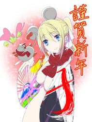 angelina_kudou_shields big_breasts blonde_hair blue_eyes drill_hair kimono kimono_pull light-skinned_female light_hair light_skin looking_at_viewer loose_clothes mahouka_koukou_no_rettousei mamezuka_takashi mice mouse_ears new_year no_bra no_nipples scarf short_hair smile smiling white_body white_skin