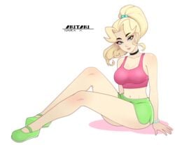 aritari_(rodjim) blonde_hair female female_focus green_shoes gym_shirt gym_shorts hair_ornament hands_on_floor long_hair long_legs rodjim