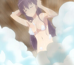 1girls armpits arms_up bathing bathroom big_breasts breasts convenient_censoring female female_only hands_on_head hangyakusei_million_arthur large_breasts long_hair million_arthur_(series) navel nude purple_hair screencap smile soap square_enix wet yamaneko_(million_arthur)