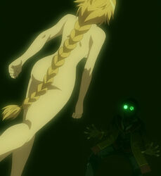 1boy 1girls ass blonde_hair braided_hair danchou dat_ass female from_behind glowing_eyes green_eyes hangyakusei_million_arthur long_hair male million_arthur_(series) nude screencap walking