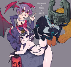 3girls ass big_ass black_hair breasts capcom clothing crossover darkstalkers english_text fate/grand_order fate_(series) female female_only flat_chest grey_background imp imp_midna lilith_aensland midna multiple_girls nintendo oni orange_hair purple_hair red_eyes shortstack shuten_douji_(fate) shuten_douji_(fate/grand_order) small_breasts smaller_female succubus the_legend_of_zelda twilight_princess very_high_resolution waa153