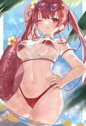 arm_behind_head bangs bikini black_ribbon border cloud commentary_request cowboy_shot crop_top dutch_angle eyebrows_visible_through_hair eyewear_on_head female flower hair_flower hair_ornament hair_ribbon hand_on_hip heart heart-shaped_eyewear highres hololive hololive_fantasy hololive_japan houshou_marine innertube looking_at_viewer navel one_eye_closed outdoors palm_tree partially_submerged red_bikini red_eyes red_hair ribbon see-through_shirt shirt short_sleeves siohanabi sky solo sunglasses swimsuit tongue tongue_out tree twintails virtual_youtuber water white_border white_shirt yellow_flower