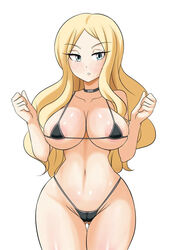 alternate_version_available areola assassination_classroom barely_covered big_breasts bikini black_bikini black_choker blonde_hair blue_eyes blush cameltoe choker eyebrows_visible_through_hair eyelashes_visible_through_hair hourglass_figure irina_jelavic light-skinned_female light_skin long_hair looking_at_viewer lucyfercomic micro_bikini teacher thick_thighs tight_bikini