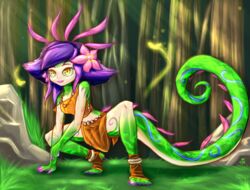 1girls 5_fingers 5_toes amber_eyes barefoot clothed clothed_female countershade_tail countershade_torso countershading crouching detailed_background female female_only forest forest_background forest_setting grass hair_ornament humanoid humanoid_feet humanoid_hands league_of_legends long_tail midriff monster_girl multicolored_skin neeko purple_hair riot_games solo solo_female solo_focus squatting tagme yellow_eyes