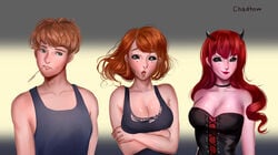 before_and_after black_eyes black_sclera brainwashing breast_expansion bustier chadtow choker corruption corset female gender_transformation horns identity_death lace-trimmed_bra long_hair mtf_transformation red_hair red_skin redneck succubus thick_lips transformation transformation_sequence