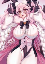 big_breasts bunny_ears curvy fangs fate/grand_order fate_(series) fox_ears fox_girl glasses hourglass_figure huge_breasts koyanskaya_(assassin) koyanskaya_(assassin_second_ascension) koyanskaya_(fate) looking_at_viewer osiimi pink_hair yellow_eyes