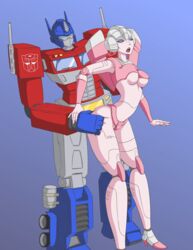 1boy 1girls 2d 2d_(artwork) akayuki-zero arcee arcee_(g1) ass_grab blue_background blue_eyes built-in_high_heels butt_grab female grabbing_ass high_heels male medium_breasts nipple_bulge optimus_prime robot robot_boy robot_girl sex simple_background standing_sex straight transformers transformers_g1