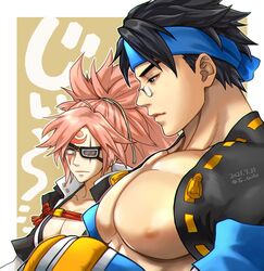 1boy 1girls 2021 anji_mito artist_name baiken bare_pecs black_eyes black_hair blue_headband breast_envy breasts bursting_pecs cleavage clothing dated eye_patch eye_scar face_tattoo female girl_staring_at_guy's_chest glasses guilty_gear headband highres large_breasts large_pectorals looking_at_another looking_at_muscles looking_down male male_focus matching_hair/eyes meme muscle_envy muscles muscular muscular_male nipples ochanoko_(tu_bailo) pecs pink_hair ponytail scar short_hair signature small_glasses smaller_female surprised tattoo tied_hair twitter_username upper_body wide_eyed