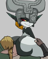 1boy 1girls ass ass_on_face big_ass black_body blonde_hair butt_on_face clothed_male facesitting female grey_body hat head_in_ass head_in_butt helmet imp_midna kierus link link_(twilight_princess) looking_back male midna nintendo oerba_yun_fang one_eye_covered orange_hair pointy_ears red_eyes shortstack simple_background smile the_legend_of_zelda thick_thighs thighs twili twilight_princess two_tone_body video_games yellow_sclera