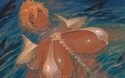 1girls absurdres armor arrancar bikini_armor bleach blonde_hair breasts breasts_apart brown_skin dark-skinned_female dark_skin espada expressionless eyelashes female female_only floating floating_breasts gorget grey_eyes hair_between_eyes highres huge_breasts ibuo lips nose ocean painting_(artwork) partially_submerged pauldrons resurreccion revealing_clothes shark_fin short_hair shoulder_armor solo solo_focus surrounded thick_eyelashes tia_harribel upper_body water wet yellow_hair