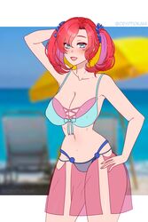 1girls arms_behind_head bare_midriff bare_thighs bikini blue_bikini blue_eyes blue_swimsuit blush cleavage covered_nipples cryptid_crab digimon digimon_story digimon_story:_cyber_sleuth female female_only human looking_at_viewer medium_hair multicolored_hair nipple_bulge nokia_shiramine open_mouth pose red_hair see-through solo swimsuit thick_thighs twintails