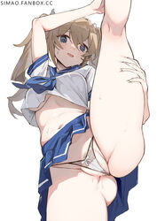 @_@ arm_up ass bangs barbara_(genshin_impact) blonde_hair blue_eyes blue_neckwear blue_sailor_collar blue_skirt blush breasts crop_top crop_top_overhang crotch female female_pubic_hair genshin_impact highres long_hair looking_at_viewer low-angle_view medium_breasts miniskirt navel neckerchief open_mouth partially_visible_vulva pleated_skirt pubic_hair pussy_juice sailor_collar shirt short_sleeves simao_(x_x36131422) skirt solo split standing standing_on_one_leg standing_split twintails underboob white_shirt