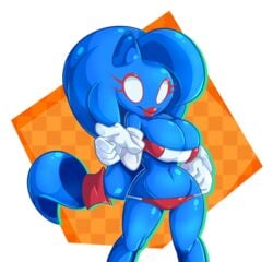 blue_skin female genderswap_(mtf) gloves midriff missphase navel pointing_at_viewer red_bra red_lipstick red_panties rule_63 sega sonic_(series) sonic_the_hedgehog sonic_the_hedgehog_(series) sonique_the_hedgehog thick_thighs wide_hips