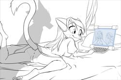 ailurid anthro anus bast_(dreamkeepers) bed being_watched black-kitten bottomless breasts casual_exposure clothed clothing comic computer domestic_cat dreamkeepers felid feline felis female fur furniture genitals group hair hi_res jeneviv kalei_(dreamkeepers) lilith_calah looking_at_another mammal pawpads pillow pussy red_panda shirt shirt_only silhouette sketch smile tank_top topwear topwear_only