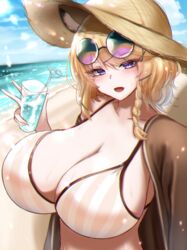 1girls arknights beach big_breasts bikini bikini_top blonde_hair braid breasts cleavage covered_nipples doctor_(arknights) eyelashes female female_focus female_only hat holding holding_glass holding_object huge_breasts looking_at_viewer open_mouth pov purple_eyes seaside solo solo_female solo_focus striped_bikini striped_bikini_top sunglasses sunglasses_on_head upper_body utage_(arknights) utage_(summer_flowers)_(arknights) vertical-striped_bikini zetsuhei_no_roran